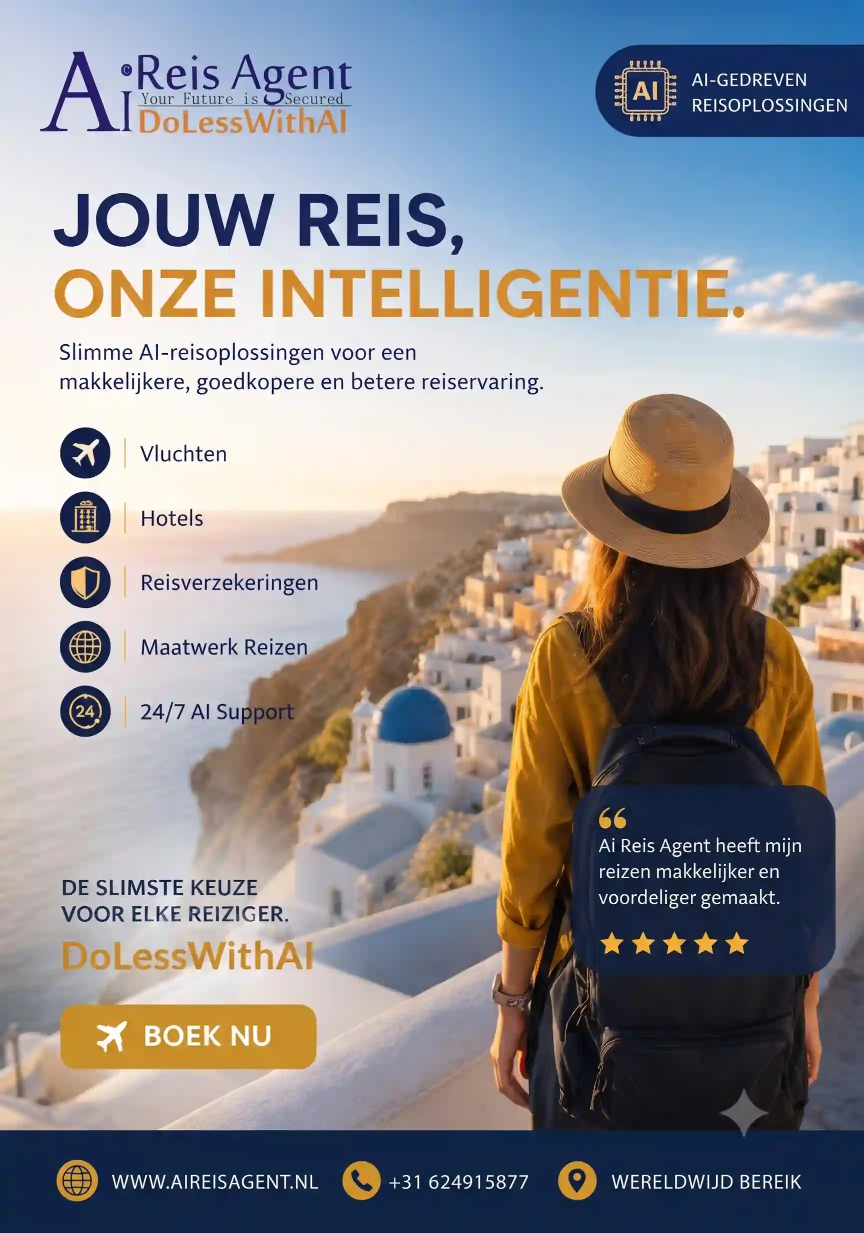 AI Reis Agent: jouw reis, onze intelligentie. Slimme AI-reisoplossingen voor vluchten, hotels, reisverzekeringen, maatwerk reizen en 24/7 support.